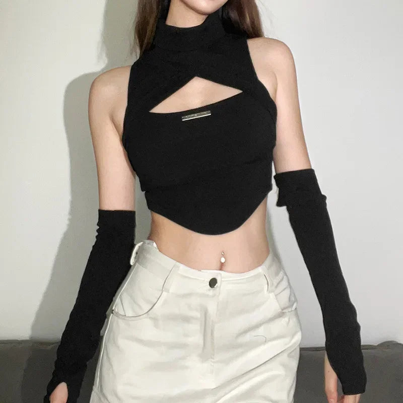 Y2K Autumn Halter T-shirt Mesh Long Sleeve Backless Crop Top Female Zip Up Slim Fit Tee Sexy Women 90s Aesthetic Streetwear