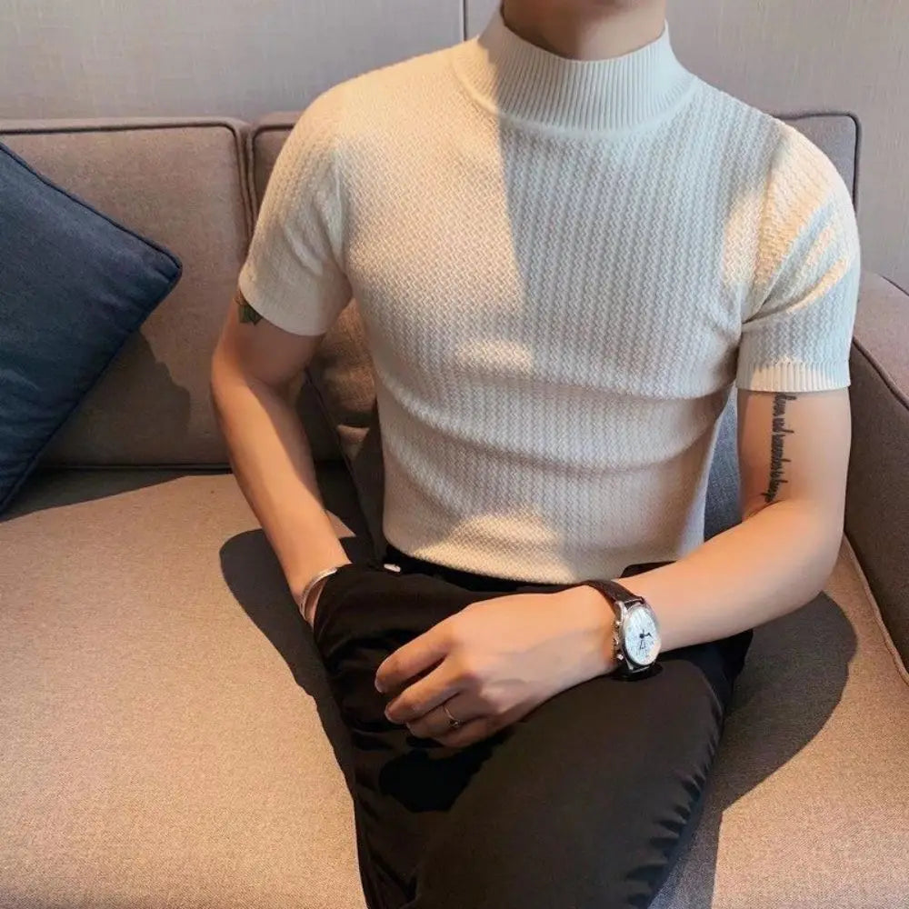 Autumn New Short Sleeve Knitted Sweater Men Tops Clothing 2024 All Match Slim Fit Stretch Turtleneck Casual Pull Homme Pullovers