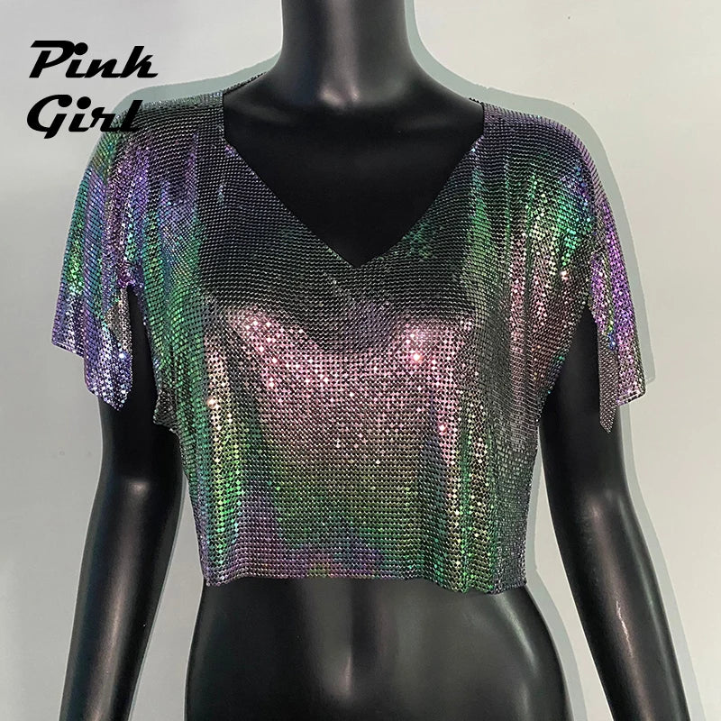 New Metal Colorful Sequined Tops Sexy V Neck T Shirt Women Ruffle Sleeve Shiny Casual Loose Female Tees Fashion Streetwear 2022