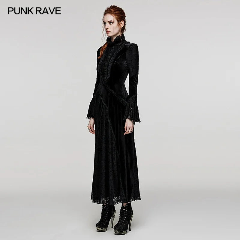 PUNK RAVE Women's Gothic Daily Flared Sleeves Velvet Dress Party Club Creative Segmentation Long Dresses Women Clothing