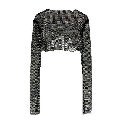 Women Rhinestone Shiny Colorful Y2K Net Drill Is Prevented Bask In Shawls Crystal Long-Sleeve Sexy Party Club Short Crop Top