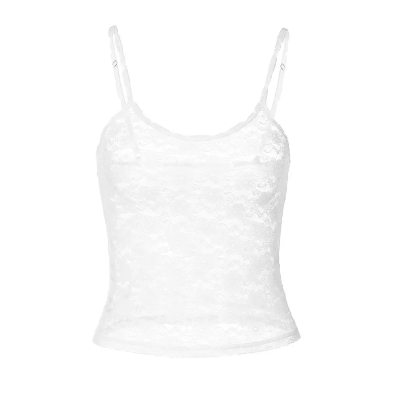 Sleeveless Sexy Lace Hollow Out Sheer Summer Sweet Crop Tops for Women Club Party Y2K Cami Tops Streetwear Clothes 312