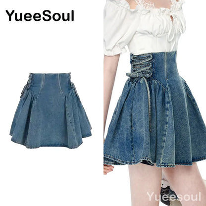 Jupe en jean bleu 2023 nouvelle mode imprimée plissée taille haute Mini jupes Y2K rétro doux mignon Sexy Streetwear été femmes jupe