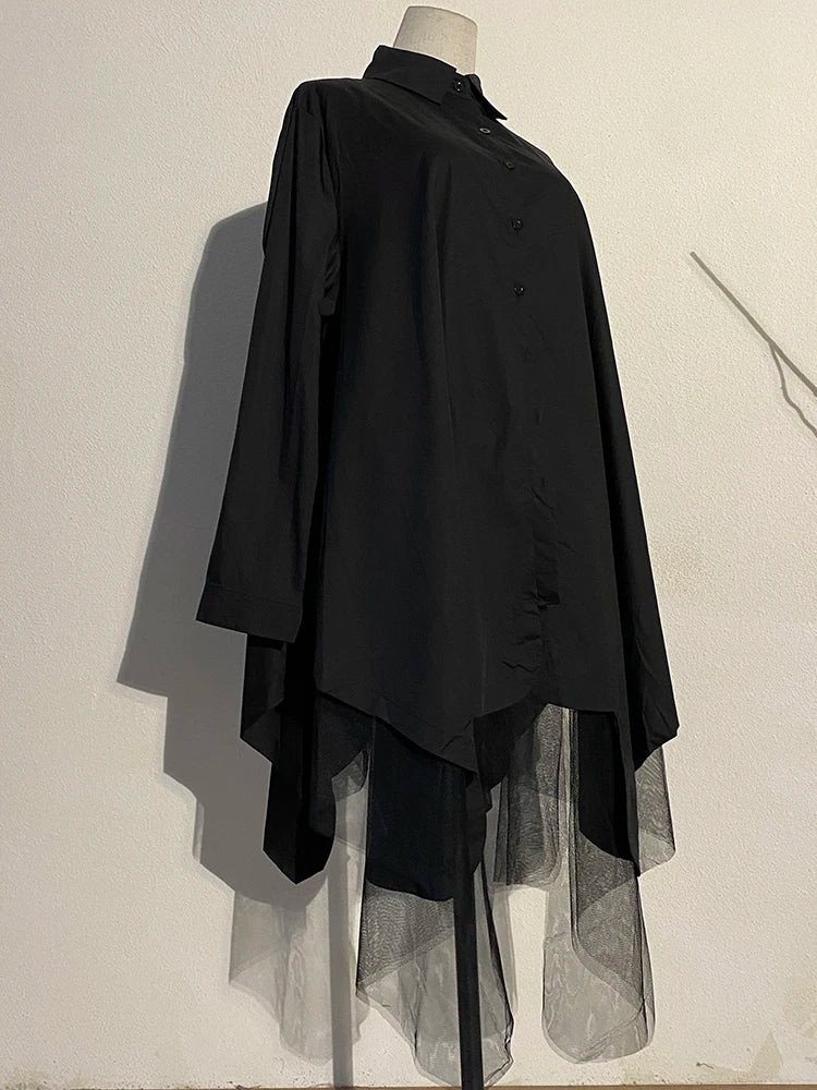 [EAM] femmes noir ourlet irrégulier grande taille chemise robe nouveau revers à manches longues coupe ample mode marée printemps automne 2024 1DE2485