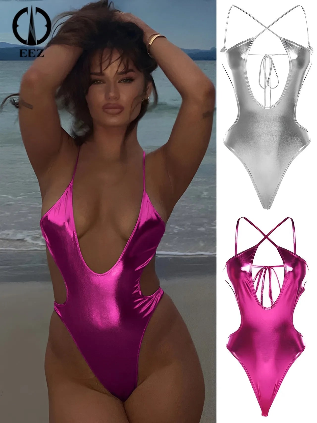 Sexy Shiny Metallic One Piece Swimsuit Women Coquette Hollow Out Bandage Bodysuit Silver Backless Bathing Bikini Summer Swimwear