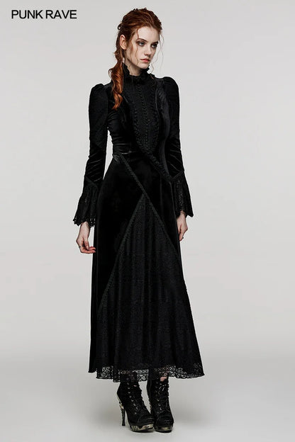 PUNK RAVE Women's Gothic Daily Flared Sleeves Velvet Dress Party Club Creative Segmentation Long Dresses Women Clothing