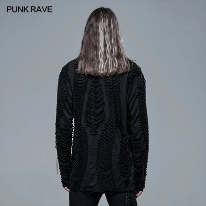 PUNK RAVE Men's Gothic Knitted Burnt Loose Broken Personality Black T-shirt Punk Cool Casual Street Tops Tees Streetwear