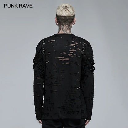 PUNK RAVE Men's Gothic Daily Wear Knited Broken Holes Long Sleeve T-shirt Punk Harajuku Loose Black Tops Spring Autumn