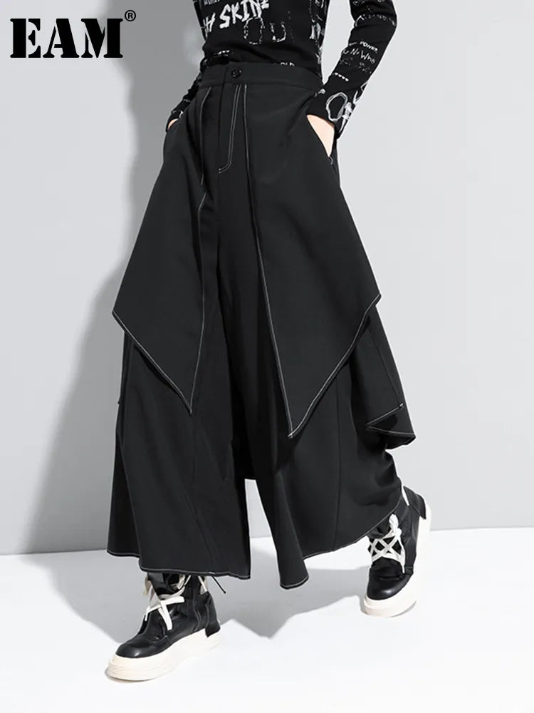 [EAM] High Waist Black Linen Split Joint Long Wide Leg Trousers New Loose Fit Pants Women Fashion Tide Spring Autumn 2024 1DA613