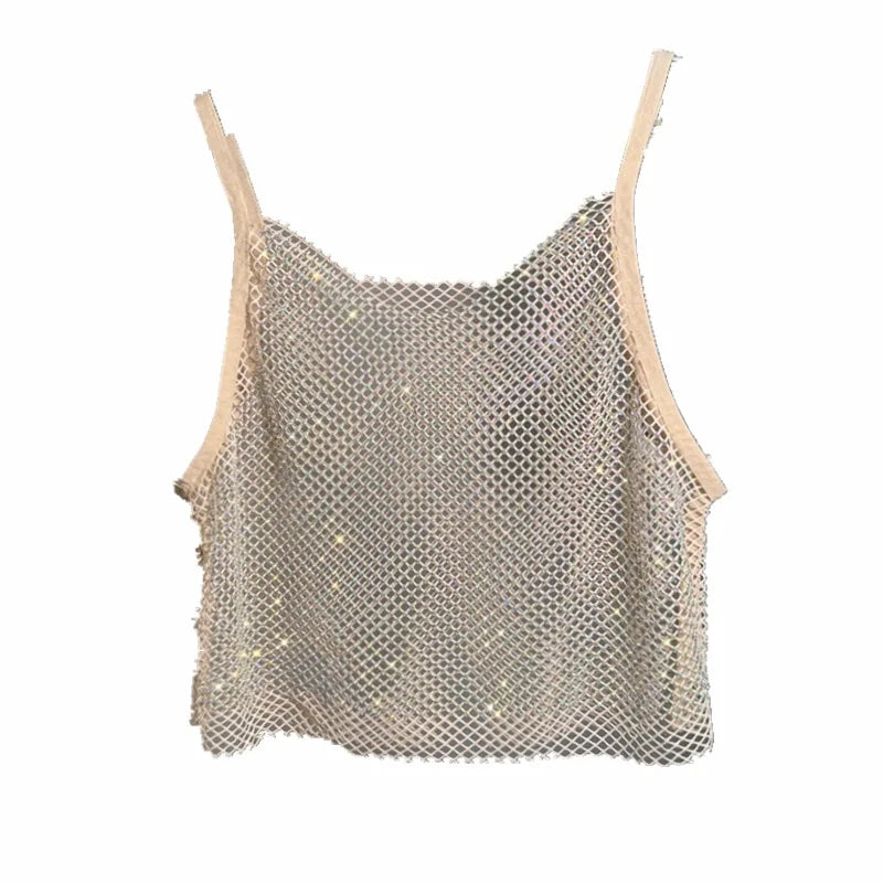 Summer New Mesh Diamond Crystal Short Halter Top AB Color Diamond Sexy Inner Shining Waistless Tops