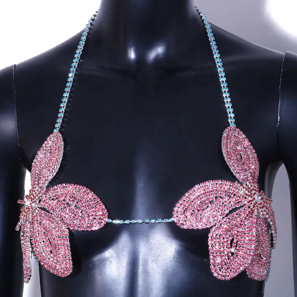 Stonefans Festival Pink Flower Bra Chain Harness Chest Accessories Rave Bikini Top Large Crystal Body Chain Lingerie for Women