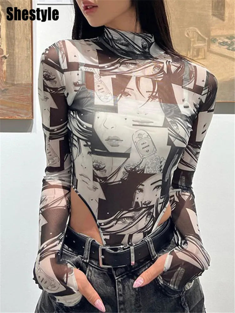 Shestyle Mesh See-Through Bodysuit Women Cartoon Printted High Waist Autumn Sheer Stretchy Hand Hole Sleeve Fashoin Sexy T-Shirt