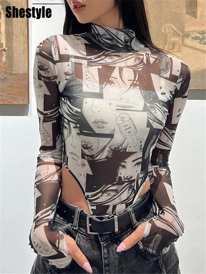 Shestyle Mesh See-Through Bodysuit Women Cartoon Printted High Waist Autumn Sheer Stretchy Hand Hole Sleeve Fashoin Sexy T-Shirt