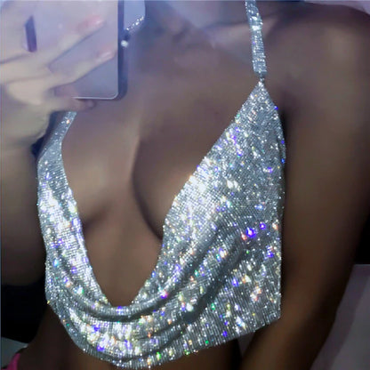 Y2K Shiny Rhinestone Sexy Deep V Mini Camisole Bar Nightclub Party Hot Girls Clothes Metal Mesh See-through Ultrashort Crop Top