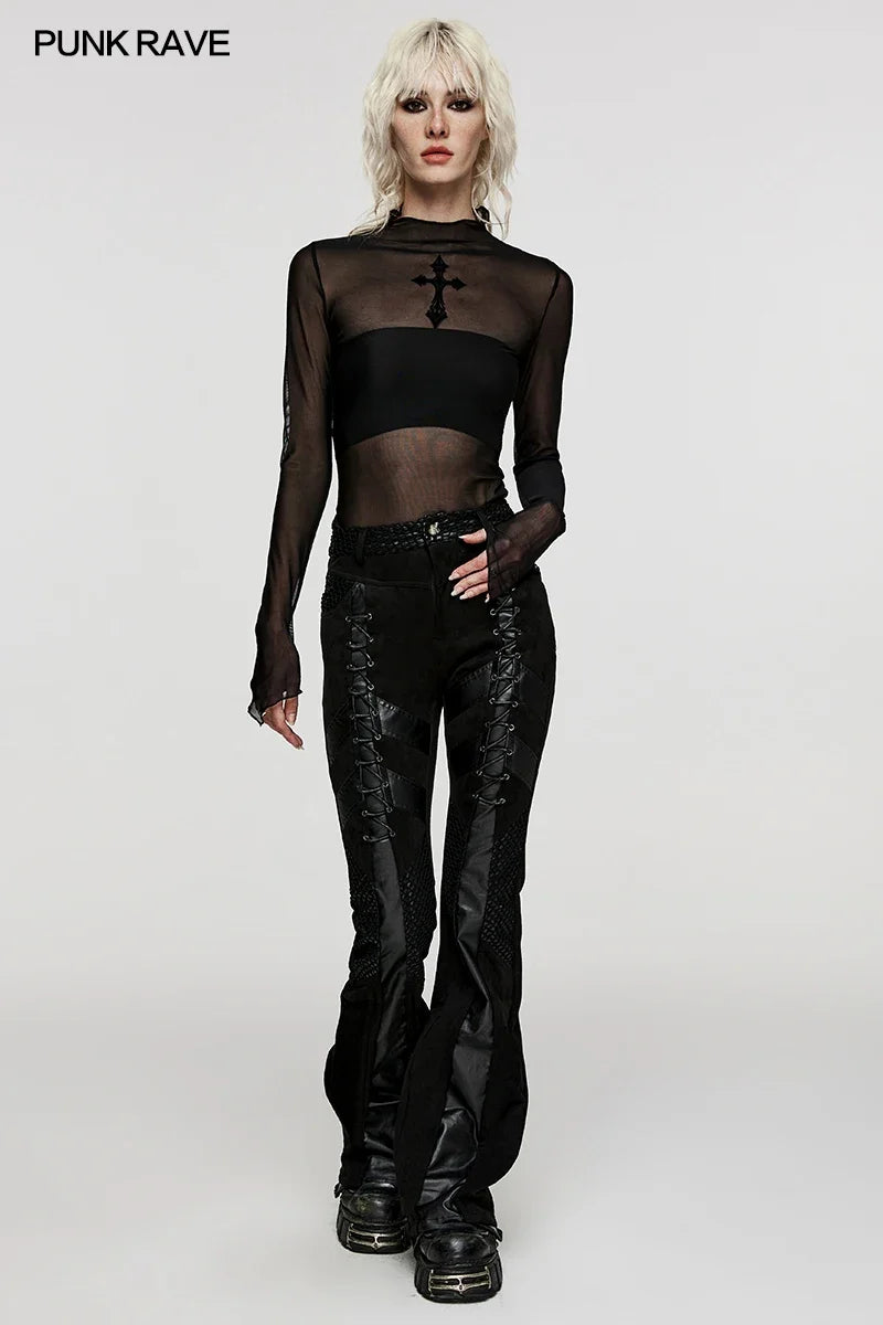 PUNK RAVE Women's Punk Dark Eyelet Drawstrings Flared Pants Gothic Personalized Leather Black Trousers Autumn/winter