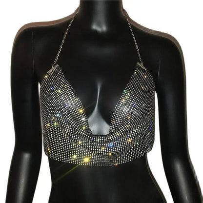 AKYZO Sexy Diamonds Crystal Metal Camisole 2023 Summer Women Rhinestone Strapless Tank Top Glitter Club Nightclub Wear