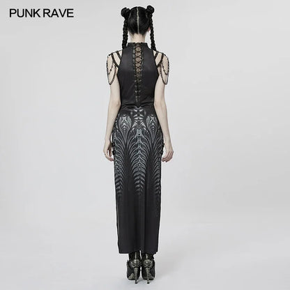 PUNK RAVE-vestido Sexy con estampado digital para mujer, ropa de verano con remaches de Metal Punk y cuello en V, con abertura