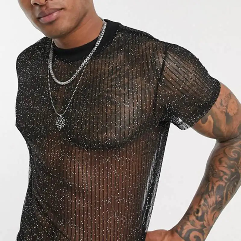 2023 Men Short Sleeve Mesh Shirt Sheer Slim Fit Shiny Sexy T Shirt Party Nightclub Thin Breathable