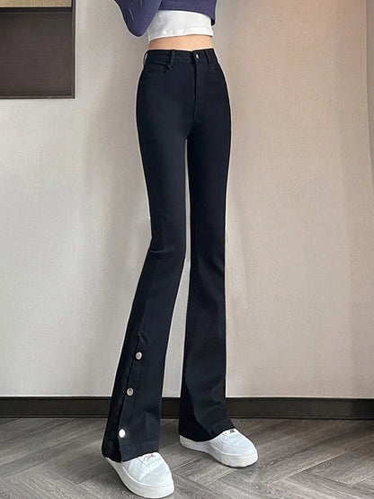 Pantalones vaqueros acampanados para mujer, cintura alta, vestido ceñido dividido, ropa informal con diseño de varias telas, pantalones vaqueros negros independientes, verano otoño 2023