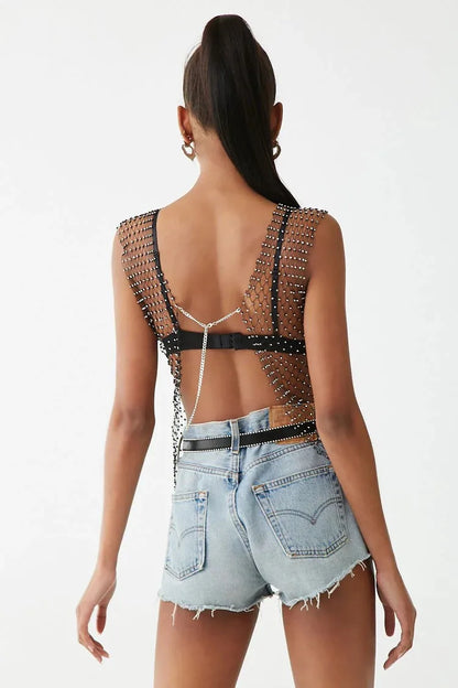 Fishnet Glitter Rhinestone Crop Top Sexy Hollow Out Mesh Sheer Women Beach Y2K Camis Crystal Diamond Club Rave Party Tank Tops