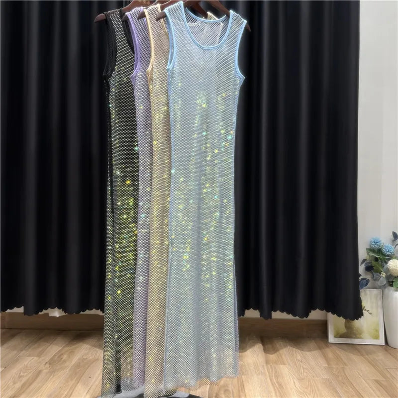 Women Rhinestones Long Split Dress Crystal Sleeveless Lady Elegant Party Birthday Slim Round Neck Bodycon Ball Gown 130-140 long