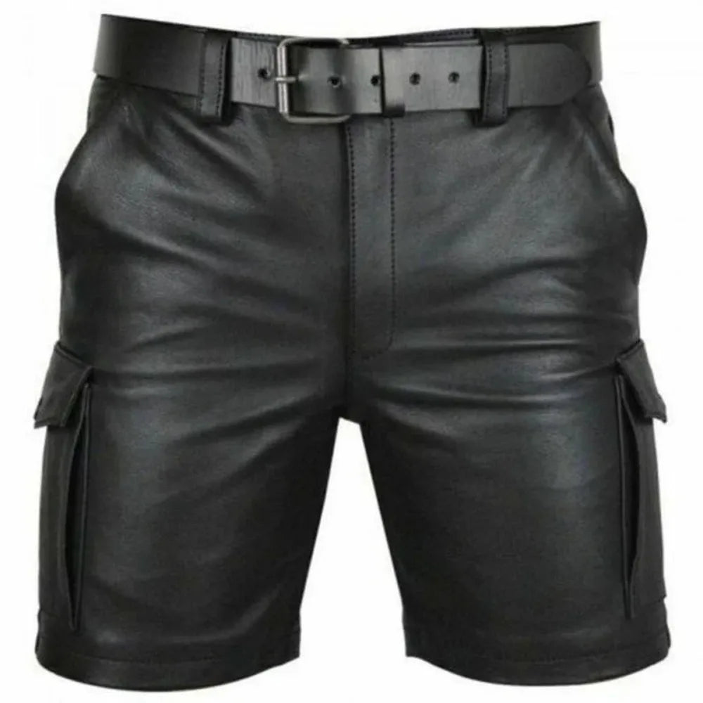 New Solid Color PU Leather Pants Casual Men's Short Leather Pants Summer Fashion Trend Club Punk Style Shorts for Men