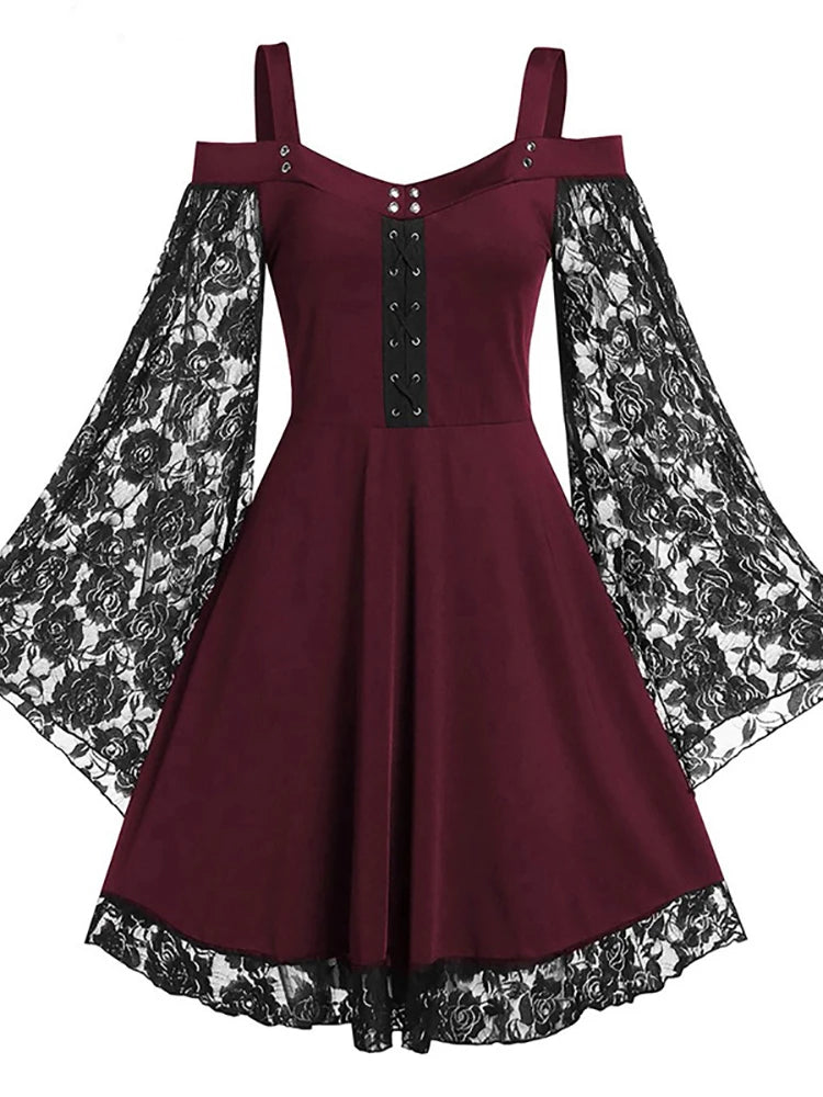 Goth Dark Gothic Aesthetic Vintage Women Autumn Dresses Grunge Lace Patchwork Flare Sleeve Black A-line Dress Punk Partywear