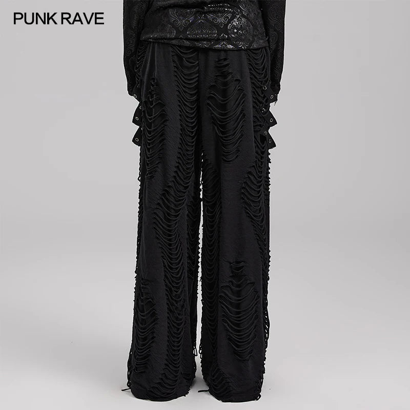 PUNK RAVE Men's Gothic Elastic Waist Loose Decadent Trousers Punk Cool Personality Decayed Stripe Black Pants Men Clothing