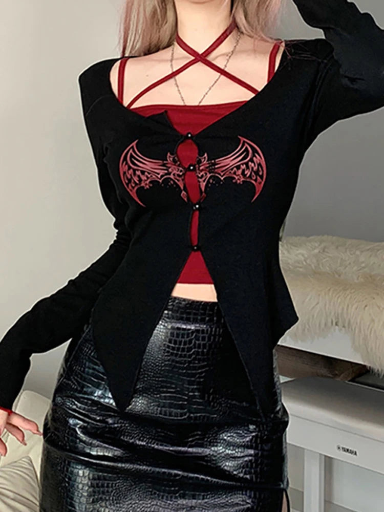 Goth Dark Mall Gothic Aesthetic T-shirts Two Piece Sets Grunge E-girl Bandage Sexy Women Camis Emo Graphic Long Sleeve Crop Tops