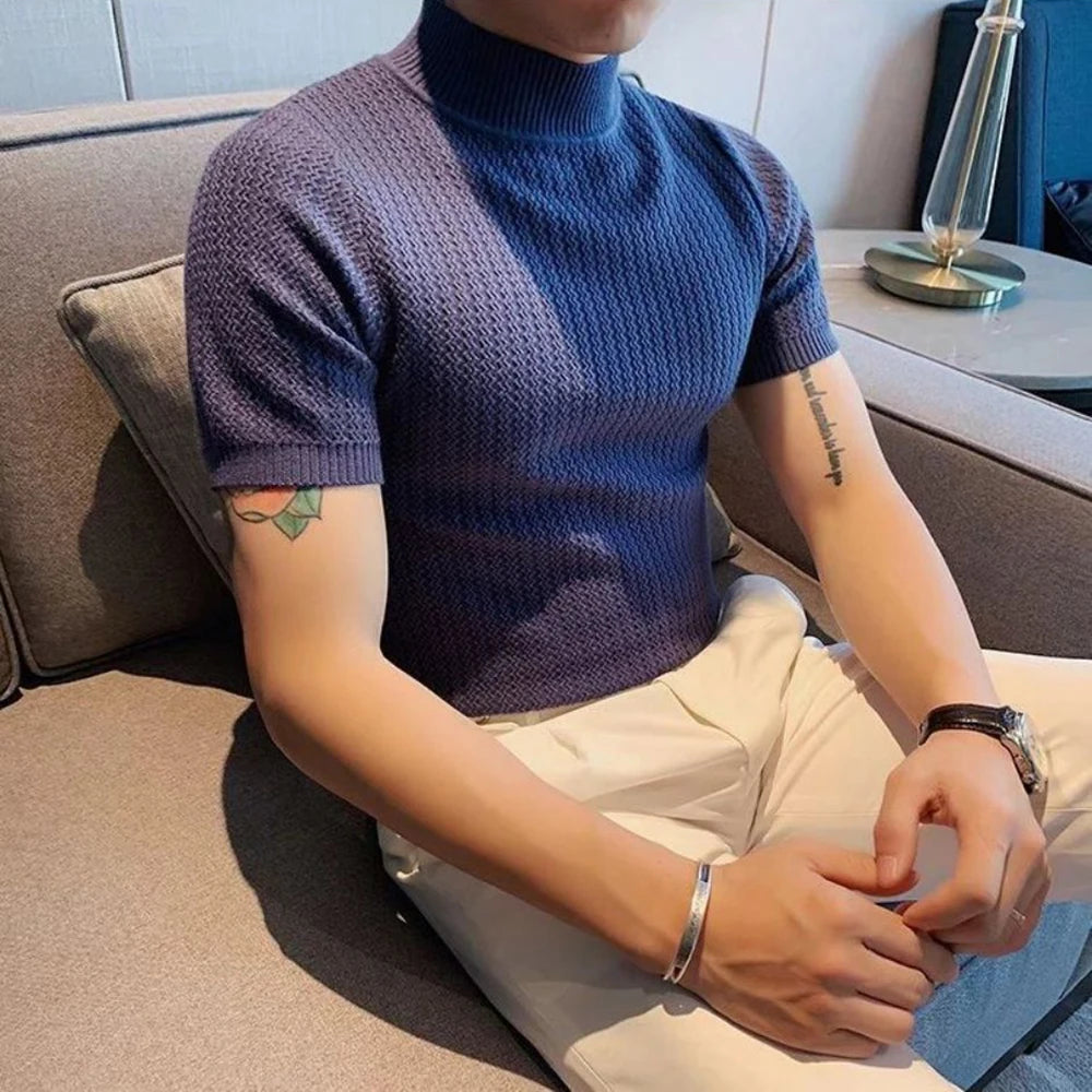 Autumn New Short Sleeve Knitted Sweater Men Tops Clothing 2024 All Match Slim Fit Stretch Turtleneck Casual Pull Homme Pullovers