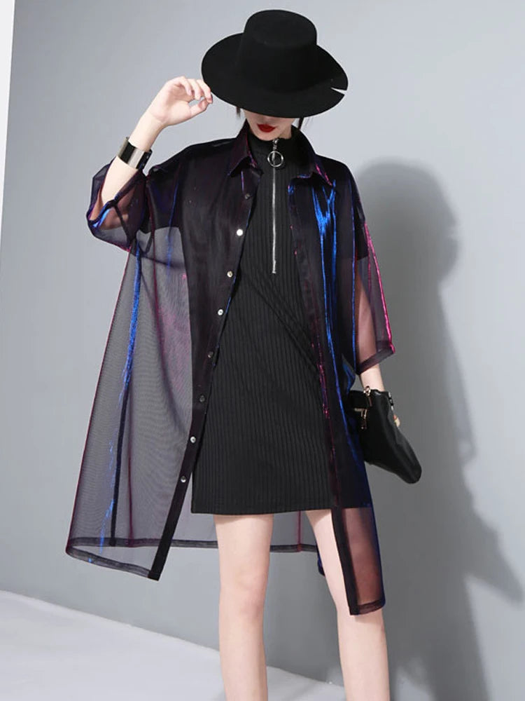 Y2K Holographic Colorful Loose Long Shirt Women Harajuku See-through Sunscreen T-shirt Female Fashion Streetwear Casual Blouses