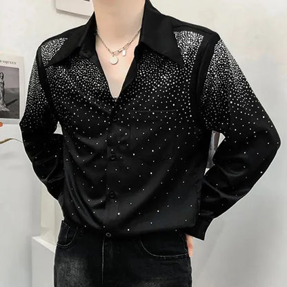 Mens Sexy Diamond Shoulder Pad Shirt Autumn Genderless Fashion Lazy Style Nightclub Performance Loose Long Sleeve Shirt Unisex