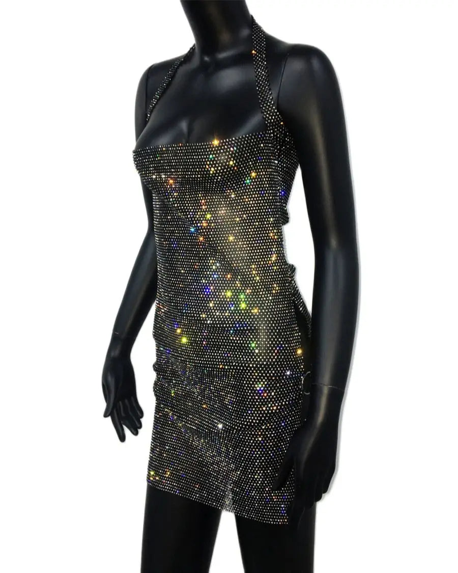 Robe dos nu en strass scintillants, Sexy, transparente, ajourée, en maille résille, fendue sur le côté, Mini robe de soirée, de Club