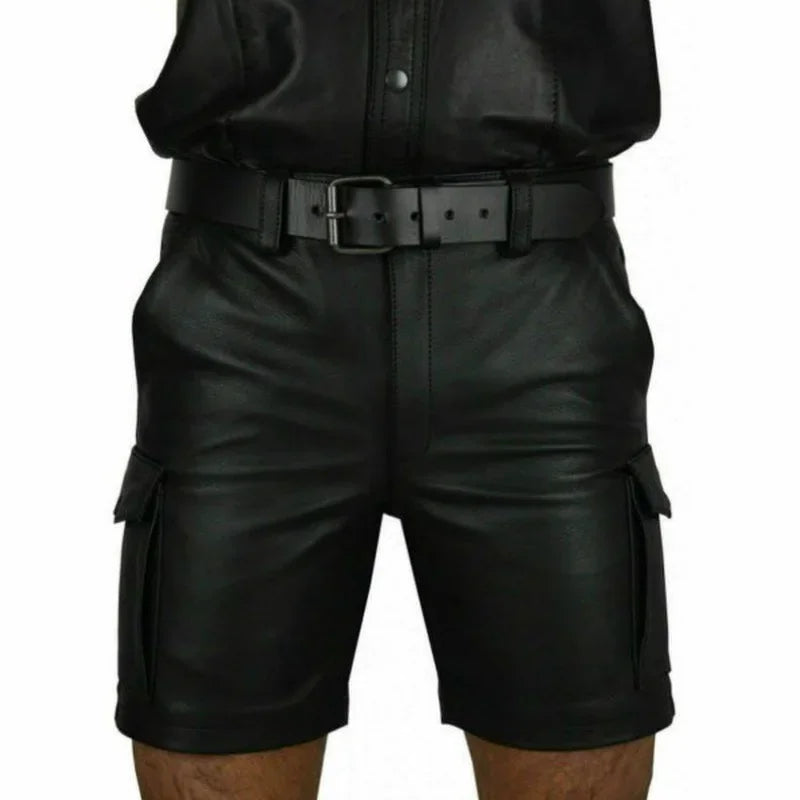 New Solid Color PU Leather Pants Casual Men's Short Leather Pants Summer Fashion Trend Club Punk Style Shorts for Men