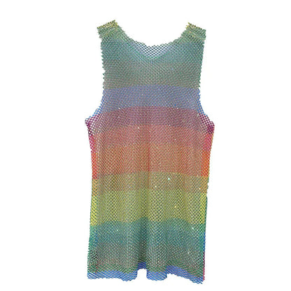 Mujeres y hombres neón cristal colorido diamantes de imitación brillante Sexy Y2K RainbowTank Tops Fiesta Club Sexy ver malla ahuecada 65cm de largo