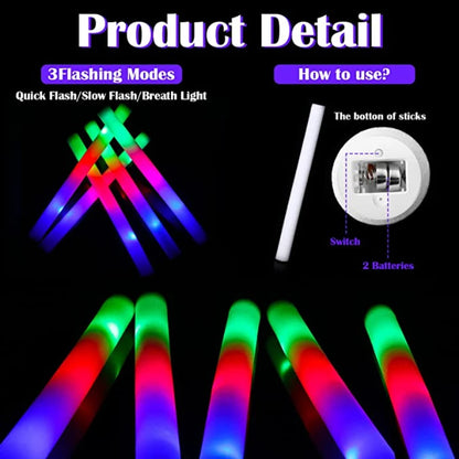 90Pcs Colorful LED Glow Sticks Light Up Cheer Tube LED Glow Foam Stick Glow In The Dark Concert Birthday Wedding Party Supplies