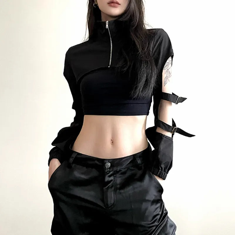 Goth Dark Hollow Out Techwear Fashion Cargo Cardigans Cyber Gothic Zip Up Sexy Crop Jackets Y2k Punk Turtleneck Streetwear Tops