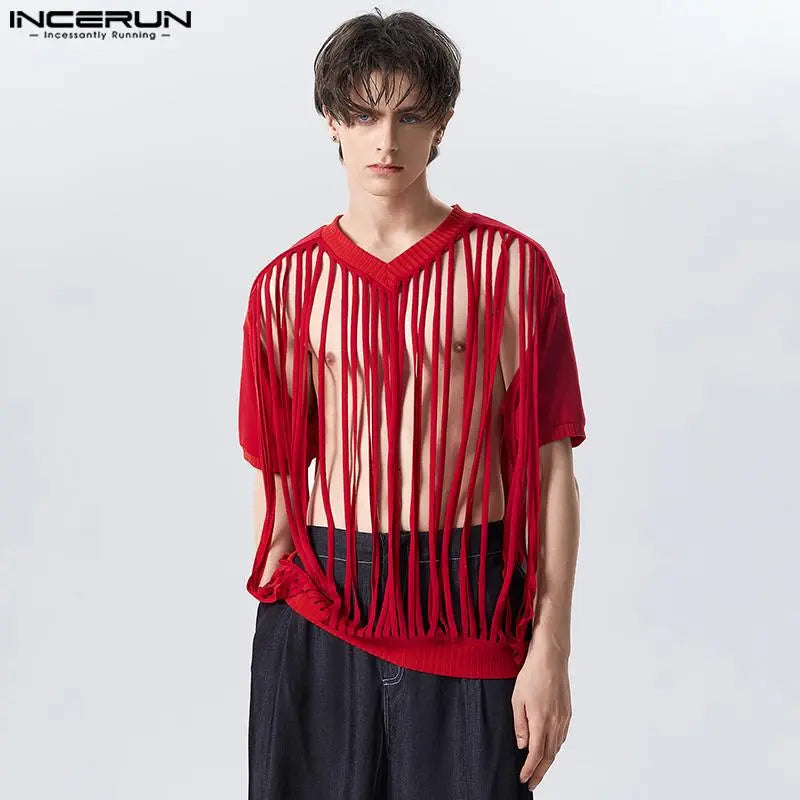 Fashion Casual Style Tops INCERUN Men Short Sleeved Knitted V-neck Printed T-Shirts Sexy Comfortable Hot Selling Hollow Camiseta