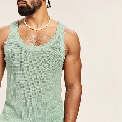 Men's Knitted Sleeveless Vest Loose Casual Top Streetwear Men Fashion T-shirt Summer Casual O-Neck Male Tank Top