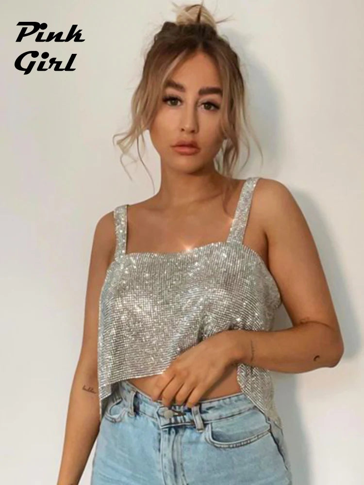 Shine Metallic Glitter Crop Top Women Music Festival Rave Outfits Nightclub Style Diamonds Vest Backless Tank Tops Strass Corset