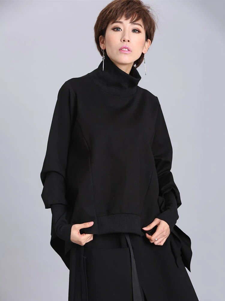 [EAM] Women Black Irregular Casual T-shirt New Turtleneck Batwing Sleeve Loose Fit Fashion Tide Spring Autumn 2024 1DF5328