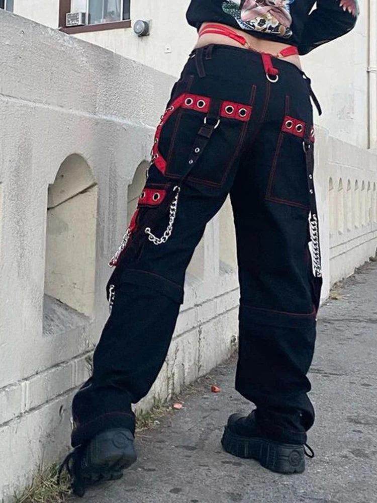 Weekeep Punk pantalon à jambes larges Streetwear taille basse Baggy gothique Cargo pantalon coréen Hip Hop Patchwork pantalon décontracté femmes Harajuku