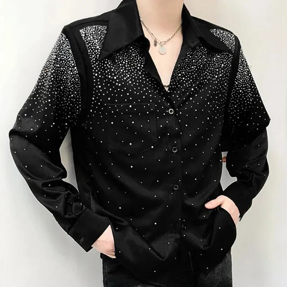 Mens Sexy Diamond Shoulder Pad Shirt Autumn Genderless Fashion Lazy Style Nightclub Performance Loose Long Sleeve Shirt Unisex