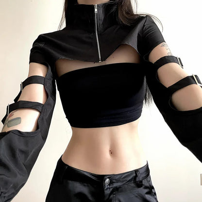 Goth Dark Hollow Out Techwear Fashion Cargo Cardigans Cyber Gothic Zip Up Sexy Crop Jackets Y2k Punk Turtleneck Streetwear Tops