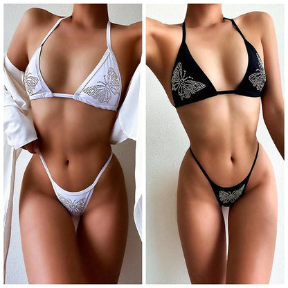 Fashion Butterfly Pattern Rhinestones Bikini 2 Piece Sets Womens Outfits Sexy Lingerie Summer Beachsuit Pool Party Swimwear 2022