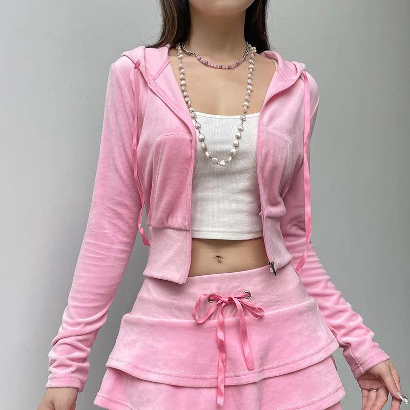 Y2K-Chaqueta recortada rosa con cremallera para mujer, sudaderas con capucha y falda en capas, traje de chica Kawaii, ropa de calle informal coqueta para otoño e invierno