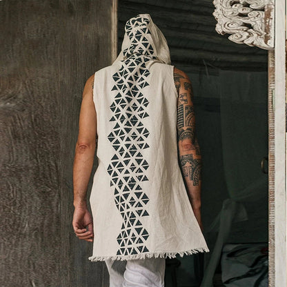 Vintage Men's Clothes Summer Sleeveless Buttoned Vest Shirts Casual Totem Printed Loose Cotton Linen Tank Tops Hooded Cardigan