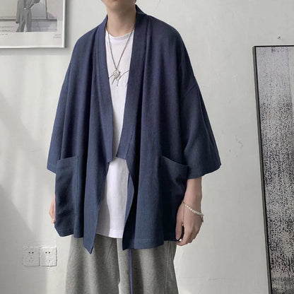 Hommes chemises été trois quarts manches Style japonais rétro poche vêtements d'extérieur ample à lacets respirant chemise mâle Harajuku Hipsters