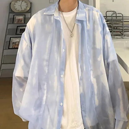 New Y2k See-through Lapel Top Men's Trendy High Street Loose Chiffon Shirt Thin Section Casual Oversized Long-sleeved Shirt Coat