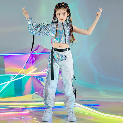 Festival Crop Tops Cargo Pants Catwalk Show Costume PU Hip-Hop Dance Clothes Reflective Rave Outfit Girl Sets Jazz Dancewear